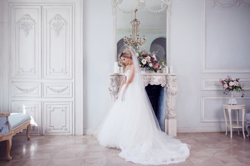 Charming young bride in luxurious wedding dress. Pretty girl, the photo Studio