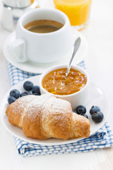 croissant with orange jam, blueberries and coffee 