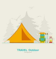 Travel Camping Background with Tourist Tent, Backpack, Lantern and Trekking Pole