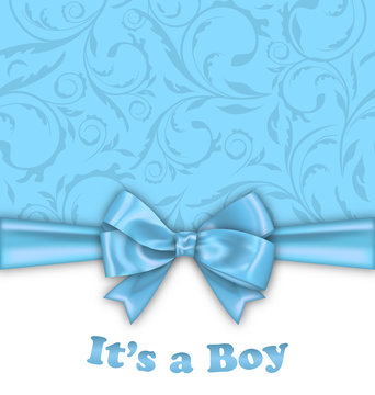 Boy Baby Shower Invitation Card with Blue Bow Ribbon