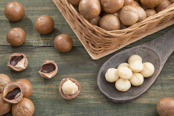 Macadamia nuts on a wooden table