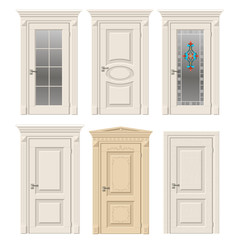 Set of six classic vintage doors in Victorian and Baroque style with stained glass, ornaments. Color doors in a light beige wood.