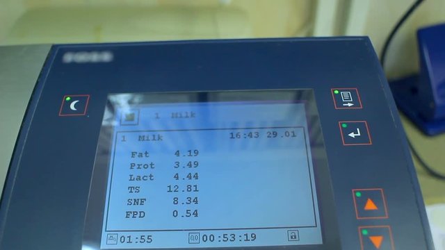 Display of laboratory equipment for milk analysis. Close up of screen with analysis results of milk sample on laboratory equipment. Computer screen evaluating quality of milk. Analysis milk samples