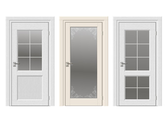 Set of classic vintage doors with stained glass, ornaments. Color doors in a light beige and white wood.