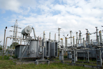 Fototapeta na wymiar Electrical power transformer in high voltage substation