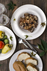 Picnic barbecue with vegetables and bread   