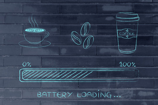 coffee icons with progress bar loading awakeness, battery versio