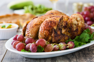 Thanksgiving dinner on rustic wooden background


