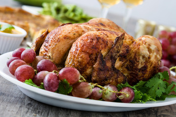 Thanksgiving dinner on rustic wooden background


