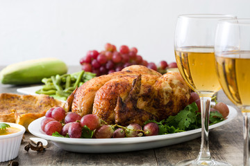 Thanksgiving dinner on rustic wooden background

