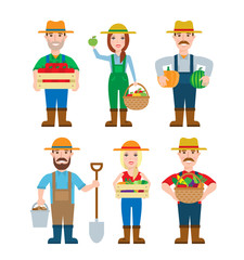 harvesting farmers men and women with vegetables and fruits set isolated on white background