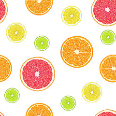 Seamless pattern with hand-drawn citrus. Digitally colored. Lemon, lime, orange and grapefruit. 