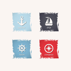 Anchor, ship, steering wheel and compass grungy icons.