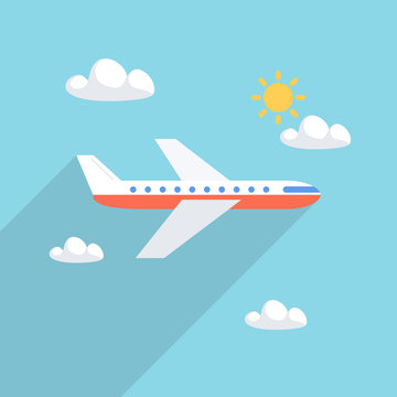Airplane flying through clouds in the blue sky. Aircraft with long shadow. Flat design vector illustration.