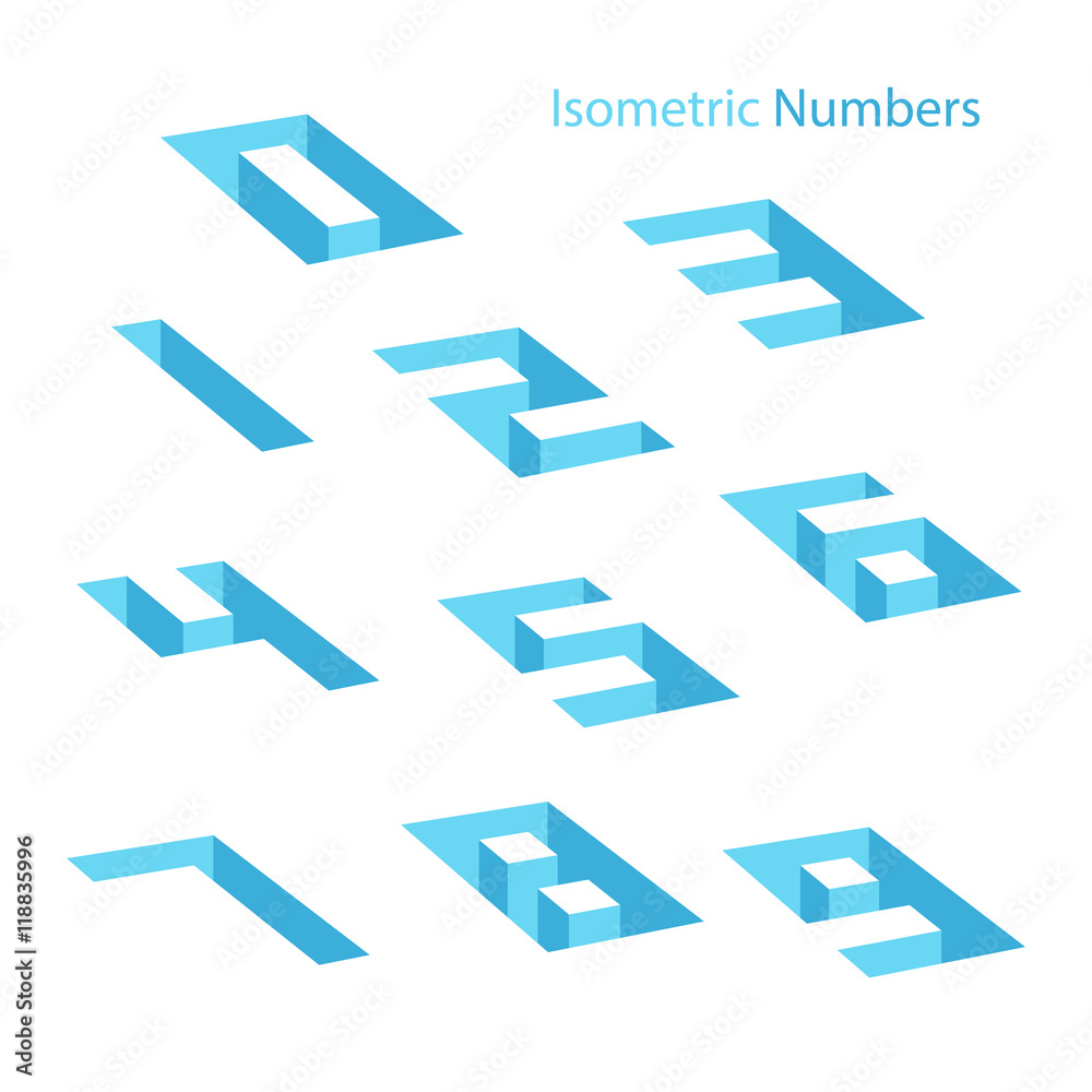 Poster Collection of isometric numbers. Hole effect. Three-Dimensional elements. Vector illustration.