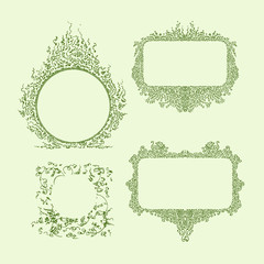 A set of ornaments of different shapes with space for text. The chaotic and dense fillingform an abstract pattern. Plain pattern.