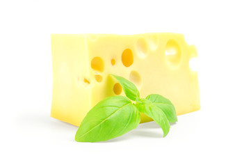 cheese and basil leaves on a white background