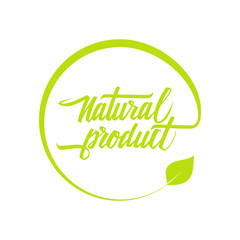 Natural product logo. Green handwritten ecology symbol with leaf. Hand drawn logotype for your design. Vector illustration.