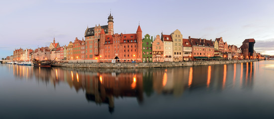 Panorama of riverside with the characteristic promenade of Gdansk, Poland.
