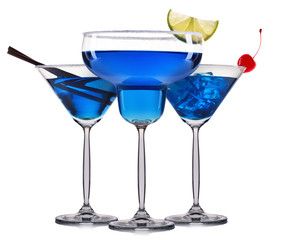 Set of blue cocktails with decoration from fruits and colorful straw isolated on white background