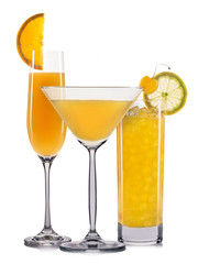 Set of orange cocktails with decoration from fruits and colorful straw isolated on white background