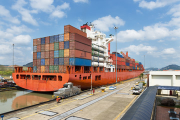Cargo ship in the Miraflores Locks in the Panama Canal, in Panama