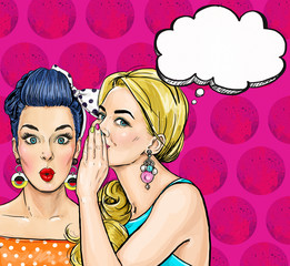 Pop Art girls with speech bubble. Party invitation. Birthday greeting card.Vintage advertising poster. Comic woman with speech bubble. Sexy  girls. Gossip girls with speech bubbles. pop art background © lucky1984