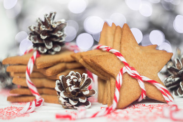 Gingerbread cookies with painted cones on a bokeh background. Ch