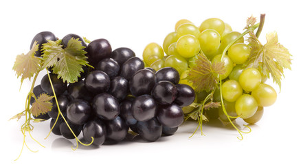 bunch of green and blue grape with leaves isolated on white background
