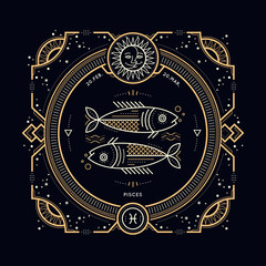 Vintage thin line Pisces zodiac sign label. Retro vector astrological symbol, mystic, sacred geometry element, emblem, logo. Stroke outline illustration.