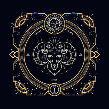 Vintage thin line Aries zodiac sign label. Retro vector astrological symbol, mystic, sacred geometry element, emblem, logo. Stroke outline illustration.