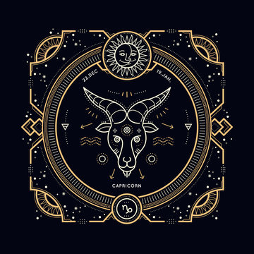 Vintage thin line Capricorn zodiac sign label. Retro vector astrological symbol, mystic, sacred geometry element, emblem, logo. Stroke outline illustration.