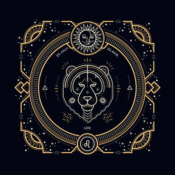 Vintage thin line Leo zodiac sign label. Retro vector astrological symbol, mystic, sacred geometry element, emblem, logo. Stroke outline illustration.