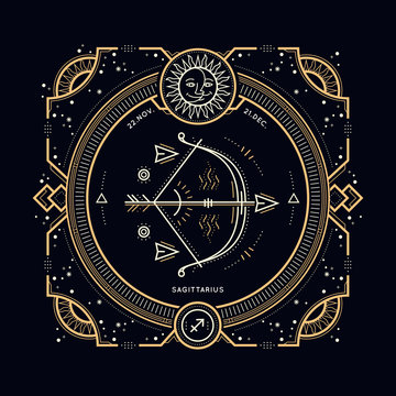 Vintage thin line Sagittarius zodiac sign label. Retro vector astrological symbol, mystic, sacred geometry element, emblem, logo. Stroke outline illustration.