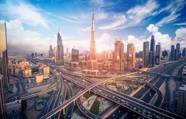 Türaufkleber Dubai Skyline von Dubai mit schöner Stadt in der Nähe der verkehrsreichsten Autobahn