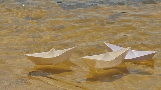 Three White Paper Ships Are Floating by Water Childish Amusement Game Dream Surface Loneliness Solitude Flotilla of Paper Ships Paper Ship on a River Sunny