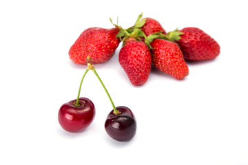 Red Strawberry and red cherry on white background