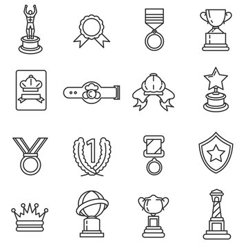 Reward icons set. Prizes and trophy collection. Thin line design