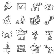 Business failure icons set. Crisis collection.Financial failure. Thin line design