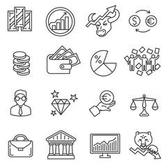 Trading icons set. Stock market game collection. Thin line design