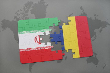 puzzle with the national flag of iran and chad on a world map background.