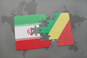 puzzle with the national flag of iran and republic of the congo on a world map background.