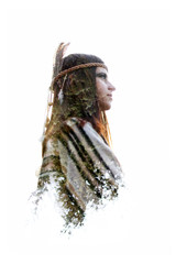 double exposure of boho woman and green trees