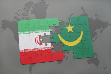 puzzle with the national flag of iran and mauritania on a world map background.