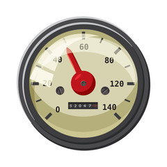 Speedometer with red arrow icon in cartoon style isolated on white background. Speed measurement symbol