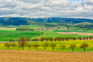 Fototapeta na wymiar Colorful nature agricultural background - landscape with fields, forests and sky