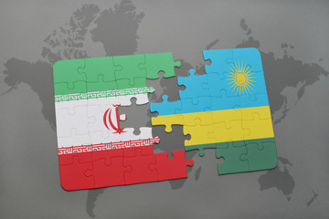 puzzle with the national flag of iran and rwanda on a world map background.
