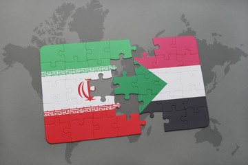 puzzle with the national flag of iran and sudan on a world map background.