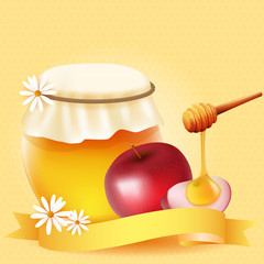 Traditional apple slice and honey. Design for Rosh Hashanah (Jewish New Year).