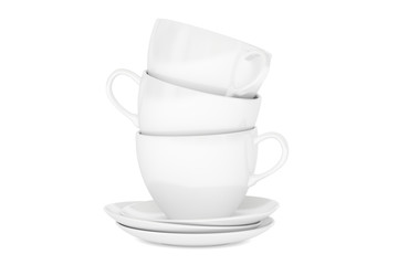 White cups and saucers, 3D rendering